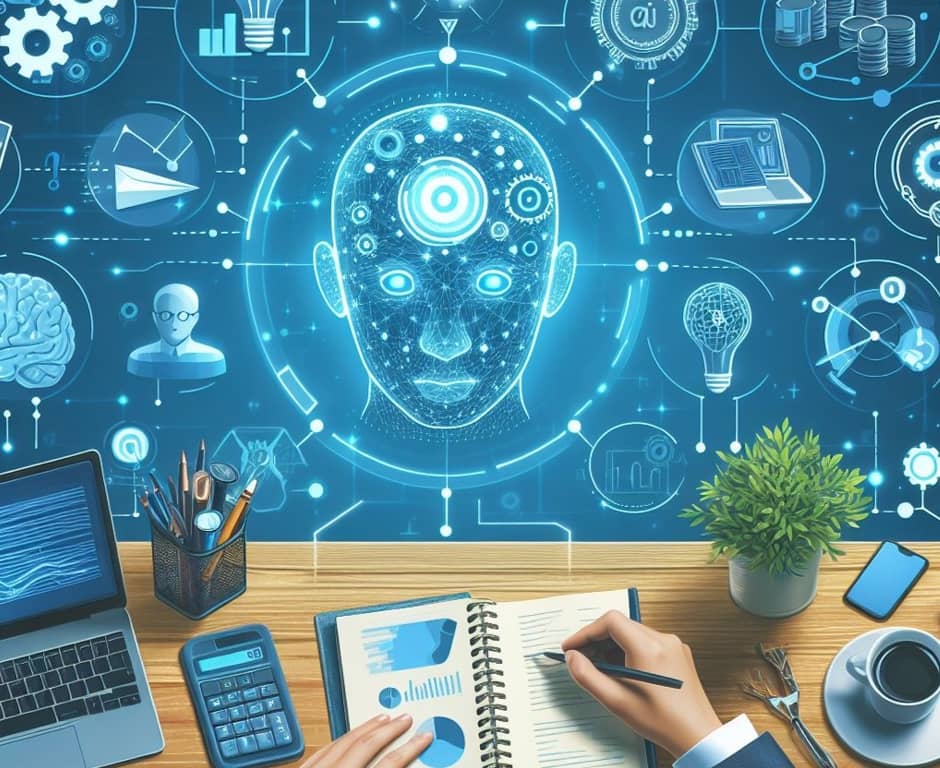 A sales professional is diligently working at a desk with a laptop, utilizing the power of AI in his tasks.