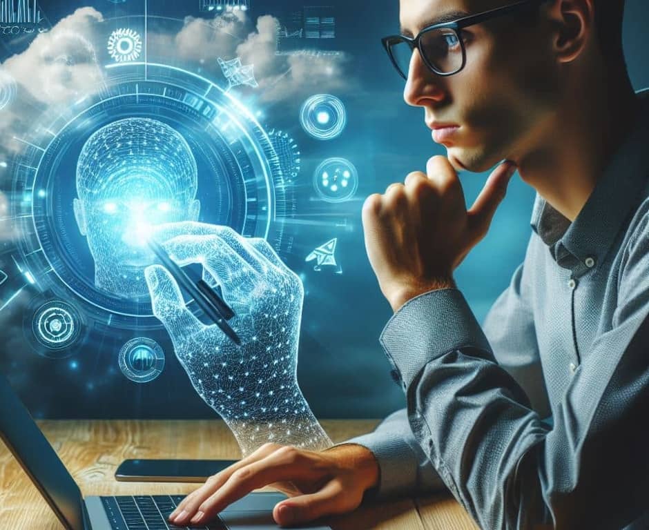 A man is looking at a laptop with a futuristic image of AI on it.