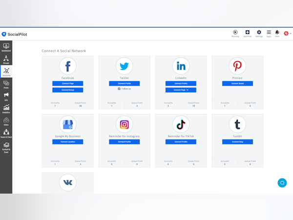 SocialPilot white-label SaaS social-media management platform dashboard—connect Facebook, LinkedIn, X, TikTok, Pinterest and more under your agency’s brand.
