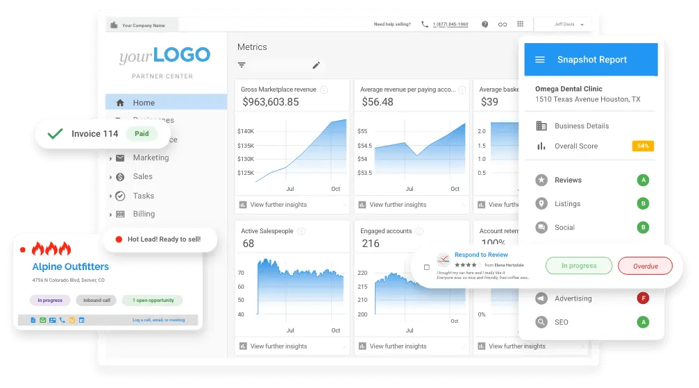 Vendasta white-label SaaS marketplace dashboard branded with agency logo, showing revenue graphs, review snapshots, and multi-service upsell opportunities.