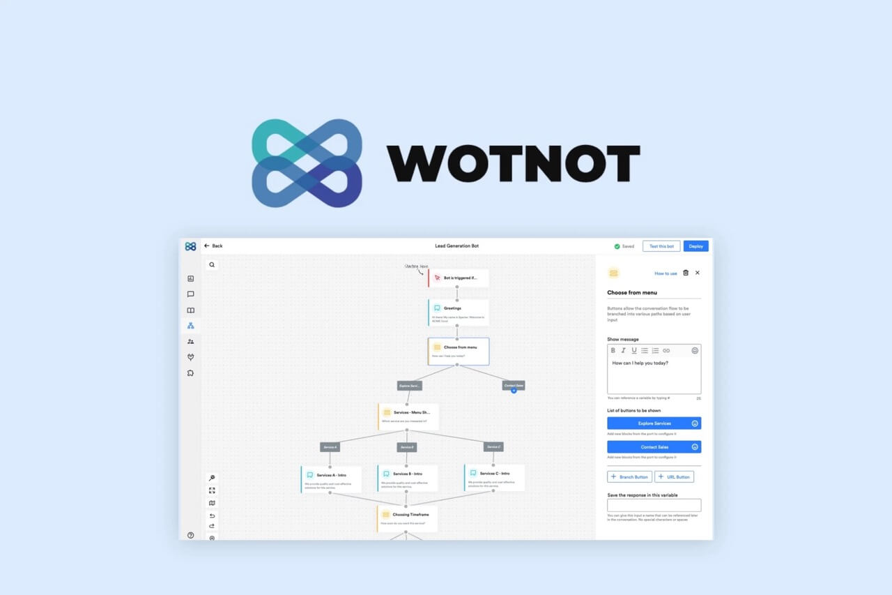 Wotnot interface screenshot: drag-and-drop GPT chatbot flow builder rebranded for agencies as a white-label SaaS product.