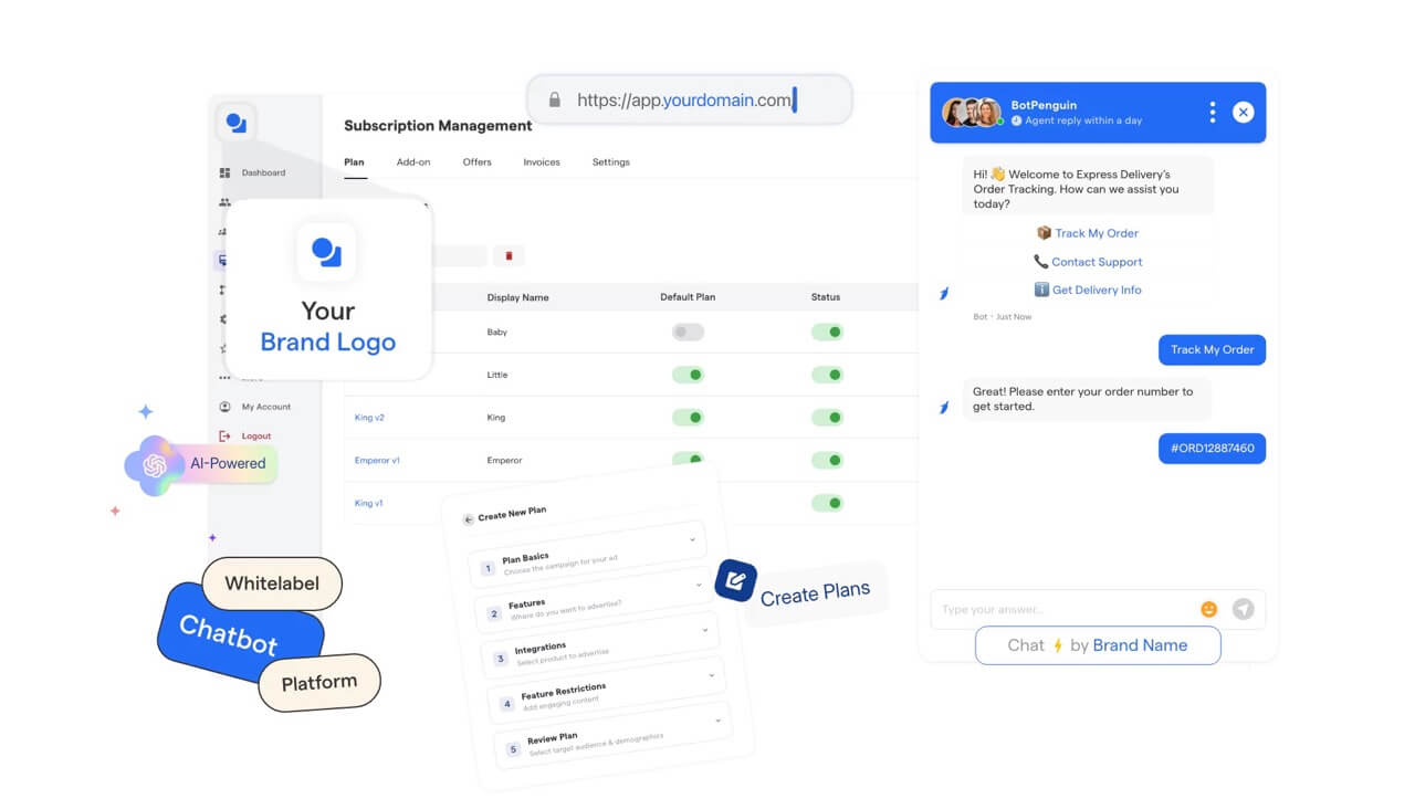 BotPenguin white-label chatbot dashboard showing custom logo, custom domain, and AI live-chat widget for resell under any brand.